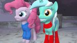  3d_(artwork) animated cgi clothing cosplay cutie_mark digital_media_(artwork) duo earth_pony equine female feral footwear friendship_is_magic grin hair hoodie horn horse lyra_heartstrings_(mlp) mammal my_little_pony pataponfan pinkie_pie_(mlp) ponification pony scarf shoes smile undertale unicorn video_games 