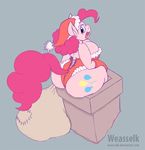  2015 anthro anthrofied blue_eyes breasts christmas clothed clothing cutie_mark earth_pony equine female friendship_is_magic gloves hair hat holidays horse mammal my_little_pony open_mouth pink_hair pinkie_pie_(mlp) pony santa_hat sitting solo weasselk 