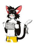  :3 anthro blush cat clothed clothing cooking feline front_view half-dressed kay_(whiteleo) looking_down male mammal navel shorts solo topless whiteleo 