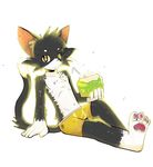  anthro arm_support barefoot beverage boxer_briefs bulge cat clothed clothing drinking_straw feline food half-dressed kay_(whiteleo) looking_at_viewer male mammal pawpads reclining sitting solo sweat topless underwear whiteleo 