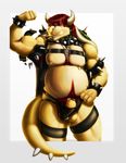  absurd_res body_hair bowser bulge captainellipsis clothing collar flexing hair happy_trail hi_res horn male mario_bros musclegut muscular muscular_male navel nintendo nipple_piercing nipples penis penis_outline piercing red_hair solo torn_clothing video_games 