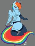  2015 absurd_res almondhusky anthro anthrofied butt clothed clothing equine feathered_wings feathers female friendship_is_magic grey_background hair hi_res legwear looking_at_viewer mammal multicolored_hair multicolored_tail my_little_pony pegasus rainbow_dash_(mlp) rainbow_hair rainbow_tail simple_background solo wings 