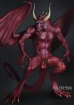  abs anthro balls claws demon digitigrade grin hi_res horn inkydemon looking_at_viewer male muscular muscular_male navel no_pupils nude pecs red_skin sharp_teeth simple_background smile smirk solo spade_tail standing teeth toothy_grin white_eyes wings 