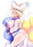  animal_humanoid big_breasts blonde_hair blue_eyes blush breast_squish breasts canine clother clothing female fox fox_humanoid fox_tail hair hat hi_res humanoid mammal multiple_tails nipple_slip nipples pregnant ran_yakumo short_hair solo touhou translucent transparent_clothing wildcatf14 