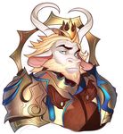  2015 anthro armor asgore_dreemurr bust_portrait caprine clothed clothing crown cyan_eyes goat hi_res horn humanoid_face looking_at_viewer male mammal monster simple_background solo undertale unknown_artist video_games white_background 