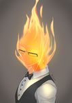  bow bowtie collared_shirt fire flame glasses grey_background grillby male_focus meammy shirt signature simple_background solo undertale upper_body vest white_shirt 