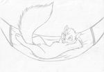  absurd_res anthro balls buckteeth digitigrade flaccid fluffy_tail greyscale half-closed_eyes hammock hands_behind_head hi_res lying male mammal mizzyam monochrome nude on_back pencil_(artwork) penis rodent side_view smile solo squirrel teeth traditional_media_(artwork) 