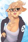  2015 absurd_res anthro big_breasts blonde_hair breasts cat cleavage clothed clothing eyewear facial_piercing fangdangler fangs feline female fur glasses hair hensa hi_res hoodie looking_at_viewer mammal nails nose_piercing nose_ring piercing pink_nose shirt smile solo teeth tongue yellow_fur 