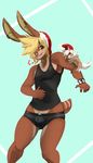  5_fingers anixis anthro blonde_hair bracelet briefs brown_fur bulge candy candy_cane christmas clothing food fur hair hat hi_res holidays jewelry lagomorph macro male mammal piercing rabbit santa_hat shirt simple_background size_difference standing tank_top underwear white_hair yellow_eyes 