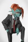  alternate_costume arm_support black_footwear blue_skin collared_shirt eyepatch eyeshadow formal head_fins leaning_forward makeup meammy monster_girl necktie pant_suit pants ponytail red_hair red_neckwear sharp_teeth shirt shoes signature slit_pupils solo suit teeth unbuttoned undertale undyne yellow_sclera 