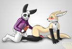  anal anthro armwear black_fur blue_eyes blush bottomless brown_fur butt caleb canine clothed clothing cum cum_on_penis cute digital_media_(artwork) erection fennec foreplay fox fur girly green_eyes grey_background half-dressed hoodie jacket lagomorph legwear looking_back m1das male male/male mammal masturbation multicolored_fur navel nipples nude open_mouth penis precum rabbit sex simple_background smile tan_fur tan_tail two_tone_fur white_fur white_sclera white_tail 