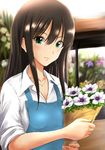  anemone_(flower) apron bangs blue_apron blurry blush bouquet brown_hair depth_of_field dress_shirt employee_uniform flower flower_shop green_eyes highres holding holding_bouquet idolmaster idolmaster_cinderella_girls jewelry jpeg_artifacts lips long_hair looking_at_viewer necklace shibuya_rin shirt shop smile solo telaform uniform upper_body wing_collar 