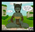  arm_sleeves black_hair blush breasts clothed clothing dialogue dofus ecaflip english_text feline female hair kneeling loincloth loincloth_aside mammal nipples no_irises outside pussy pussy_juice rektum skimpy smile solo text wakfu wide_hips 