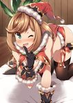  ;d all_fours bent_over brown_hair christmas clarisse_(granblue_fantasy) finger_to_mouth fur_trim gloves granblue_fantasy green_eyes hat hoppege one_eye_closed open_mouth santa_hat smile solo thighhighs 