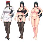  beret black_hair blue_eyes blush breasts feet garter_belt hakai_shin hand_on_hip hat high_heels inverted_nipples large_breasts long_hair multiple_views nipples nude plump pubic_hair serious simple_background smile thick_thighs thighs white_background 