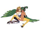  animal_humanoid avian avian_humanoid boots breasts breeding_season claws clothing female female/female fingering footwear green_eyes green_hair hair harpy human humanoid legwear mammal navel nude open_mouth s-purple simple_background smile spread_legs spreading talons thigh_highs toe_claws 