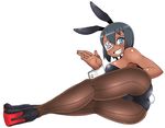  absurdres animal_ears ass bent_over blue_eyes blush borrowed_character bunny_ears bunny_tail bunnysuit dark_skin eyepatch gigi-chan high_heels highres kurozu_(crozu) original pantyhose sharp_teeth short_hair solo tail tan teeth wrist_cuffs 