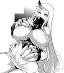  bare_shoulders breast_suppress breasts claws commentary_request covered_mouth covered_nipples detached_sleeves dress greyscale high_collar horn huge_breasts kantai_collection long_hair misasagi_tasuku monochrome ribbed_dress seaport_hime shinkaisei-kan short_dress solo very_long_hair 