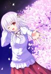  cherry_blossoms frills hair_ribbon highres hoshizora_no_memoria night one_eye_closed open_mouth ototsu_yume outstretched_hand red_eyes ribbon solo vesperia white_hair 