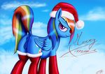  2015 anatomically_correct anatomically_correct_pussy animal_genitalia anus butt christmas clothed clothing cloud cloudscape cutie_mark dock equine equine_pussy feathered_wings feathers female feral friendship_is_magic hair hat hi_res holidays jeki legwear looking_at_viewer mammal multicolored_hair my_little_pony pegasus pussy rainbow_dash_(mlp) rainbow_hair raised_tail santa_hat sky smile solo wings 
