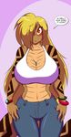  amber_eyes anthro bangs big_breasts blonde_hair breasts brown_body brown_skin cleavage clothed clothing english_text female hair huge_breasts long_hair long_tail markings mastergodai non-mammal_breasts open_mouth orange_eyes rattlesnake reptile sanaki_koga scalie snake solo text thick_tail thick_thighs wide_hips 