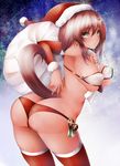  ass bad_id bad_pixiv_id bikini breasts brown_hair christmas green_eyes highres inaba_sunimi large_breasts light_smile long_hair original ponytail red_legwear santa_costume sideboob solo swimsuit tail thighhighs thighs 