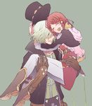  1girl bad_id bad_twitter_id black_hat boots carrying closed_eyes dezel_(tales) gloves hat j-peg jacket open_clothes open_jacket open_mouth pants princess_carry red_hair rose_(tales) scarf short_hair smile tales_of_(series) tales_of_zestiria white_hair 