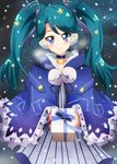  alternate_costume alternate_hairstyle blue_eyes blue_hair box breath capelet christmas dress gift gift_box go!_princess_precure hair_ornament hair_ribbon highres jewelry kaidou_minami long_hair masako_(sabotage-mode) necklace precure ribbon smile snowing solo star star_necklace striped striped_dress twintails 