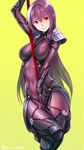  bodysuit breasts covered_navel covered_nipples fate/grand_order fate_(series) gae_bolg holding holding_weapon long_hair looking_at_viewer medium_breasts polearm purple_bodysuit purple_hair red_eyes scathach_(fate)_(all) scathach_(fate/grand_order) simple_background smile solo spear utu_(ldnsft) weapon yellow_background 