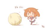  brown_hair chibi commentary fang hair_flaps hair_ornament hairclip hanomido ikazuchi_(kantai_collection) kantai_collection minigirl open_mouth running school_uniform serafuku short_hair skirt solid_eyes solo thighhighs yarn yarn_ball |_| 