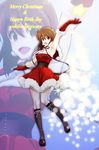  :d absurdres arm_up armpits brown_hair capelet christmas gloves hagiwara_yukiho highres idolmaster idolmaster_(classic) kurihara_kenshirou merry_christmas open_mouth pantyhose red_eyes smile snowflakes solo standing standing_on_one_leg star thighhighs waving zoom_layer 