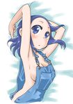  armpits blue_eyes blue_hair breasts kazoku_game long_hair medium_breasts naked_overalls overalls sideboob solo suzushiro_seri yusa_aoi_(kazoku_game) 