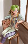  absurdres akumesik bangs blue_eyes bracelet chair cross-laced_clothes earrings grandia grandia_i green_hair hair_net highres jewelry leggings lily_(grandia) looking_to_the_side parted_bangs sitting solo striped striped_legwear window 