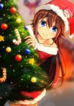  blue_eyes brown_hair christmas christmas_tree hat long_hair original santa_hat solo takamine_kokone takamine_tsukumo 