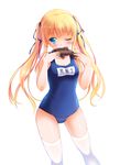  bashen_chenyue blonde_hair blue_eyes fish highres long_hair name_tag old_school_swimsuit one-piece_swimsuit saenai_heroine_no_sodatekata sawamura_spencer_eriri school_swimsuit solo standing swimsuit thighhighs twintails white_legwear 