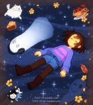  :3 androgynous annoying_dog artist_name bone boots brown_footwear brown_hair buttons closed_eyes dav-19 denim denim_shorts dog empty_eyes floating_hair flower flowey_(undertale) food frisk_(undertale) full_body ghost headphones hot_dog knee_boots legwear_under_shorts long_sleeves lying meatball mouth_hold napstablook o_o on_back one_eye_closed pantyhose pantyhose_under_shorts pasta pie purple_shirt shirt short_hair shorts sleeping slice_of_pie spaghetti spaghetti_and_meatballs sparkle star starry_background temmie undertale w.d._gaster watermark web_address white_fur wooden_floor 