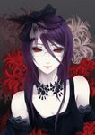  black_dress black_flower black_rose black_sclera bzerox dress flower glasses hair_between_eyes hair_over_face hat highres jewelry kamishiro_rize light_smile looking_at_viewer necklace purple_hair red_eyes rose solo tokyo_ghoul 
