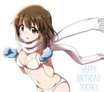  bikini blush breath brown_eyes brown_hair clenched_hands gloves hagiwara_yukiho highres idolmaster idolmaster_(classic) idolmaster_million_live! navel open_mouth outstretched_wrists rariemonn scarf short_hair solo swimsuit 