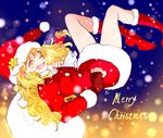  bag blonde_hair boots commentary fingerless_gloves fur-trimmed_boots fur_trim gloves hat highres kirisame_marisa long_hair long_sleeves one_eye_closed open_mouth red_footwear red_gloves rosette_(roze-ko) santa_boots santa_costume santa_hat smile snowing solo star touhou yellow_eyes 