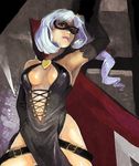  armpits arsene bangs black_gloves blue_hair breasts cape curly_hair gloves henriette_mystere latex latex_gloves light_smile lipstick makeup medium_breasts navel realistic side_ponytail solo tantei_opera_milky_holmes thighs zimbabwefumi 