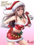  bare_shoulders blue_eyes blush christmas dated gloves hat long_hair looking_at_viewer merry_christmas navel original red_gloves sack santa_costume santa_gloves santa_hat shamakho shiny shiny_hair smile solo teeth 