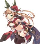  :d black_gloves black_legwear blonde_hair blush boots breasts cape clarisse_(granblue_fantasy) cleavage fur_trim gloves granblue_fantasy green_eyes hat high_heel_boots high_heels highres long_hair looking_at_viewer medium_breasts navel open_mouth ponytail santa_hat simple_background smile solo souryuu thighhighs v white_background 