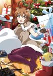  :d animal_ears antlers ass blush box box_of_chocolates brown_eyes brown_hair candy candy_cane capelet chocolate christmas christmas_stocking deer_ears food gift gift_box hagiwara_yukiho highres idolmaster idolmaster_(classic) open_mouth pantyhose purple_legwear sack short_hair smile solo tokiani 