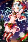  :d belt blue_hair blush boots breasts christmas_tree convenient_censoring elbow_gloves gift gloves horns long_hair midriff navel open_mouth pointy_ears skirt small_breasts smile snowflakes solo sword_girls teeth thigh_boots thighhighs underboob yellow_eyes yumaomi 