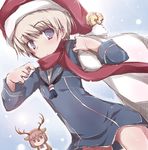  animal_costume bangs blank_stare blonde_hair blue_eyes blunt_bangs blush brown_eyes brown_hair dutch_angle hat jitome kantai_collection looking_at_viewer military military_uniform multiple_girls red_nose red_scarf reindeer_costume sailor_collar santa_costume santa_hat scarf short_hair staring uniform yumesato_makura z1_leberecht_maass_(kantai_collection) z3_max_schultz_(kantai_collection) 