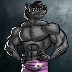  2015 abs abstract_background anthro biceps big_muscles black_eyes black_hair black_nose boxers_(clothing) canine claws clothed clothing digital_media_(artwork) front_view fur grey_fur hair half-dressed hand_on_hip hands_on_hips hi_res kostos_art male mammal muscular navel nu_pogodi pecs simple_background smirk smug solo standing topless underwear volk white_sclera wolf 