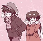  1girl bangs bare_tree blush braid coat couple embarrassed eyebrows eyebrows_visible_through_hair hair_between_eyes hands_in_pockets hat hetero holding long_hair long_sleeves looking_at_another looking_away monochrome pants plaid plaid_scarf ranma_1/2 red saotome_ranma scarf shared_pocket short_hair single_braid snowing tendou_akane tree walking wanta_(futoshi) white_scarf winter winter_clothes 
