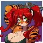  anthro big_breasts black_stripes breasts chalo chest_tuft clothed clothing feline female fur green_eyes hair huge_breasts long_hair looking_at_viewer mammal markings multicolored_fur orange_fur red_hair sandy_(las_lindas) solo stripes tiger tuft two_tone_fur white_fur 