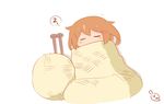  blanket brown_hair chibi closed_eyes commentary hair_ornament hairclip hanomido ikazuchi_(kantai_collection) kantai_collection knitting_needle minigirl needle short_hair sleeping solo yarn yarn_ball zzz 