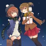  :d alternate_costume bag beret black_legwear brown_eyes brown_hair coat commentary_request earmuffs fang folded_ponytail hair_ornament hairclip hat ikazuchi_(kantai_collection) inazuma_(kantai_collection) kantai_collection long_hair long_sleeves mittens motohara_moka multiple_girls open_mouth plaid plaid_scarf ponytail red_skirt scarf shopping_bag short_hair skirt smile 